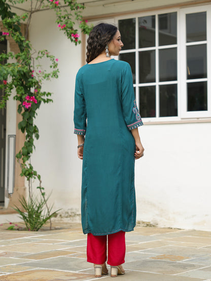 Solid Mirror, Resham & Sequins Embroidered Kurta - Green