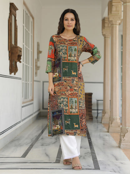 Ethnic Pichwai Printed & Kantha Sequin Embroidered Straight Kurta - Multi