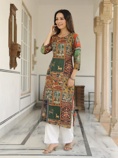Ethnic Pichwai Printed & Kantha Sequin Embroidered Straight Kurta - Multi