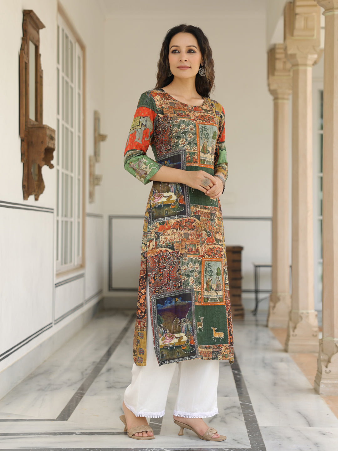 Ethnic Pichwai Printed & Kantha Sequin Embroidered Straight Kurta - Multi