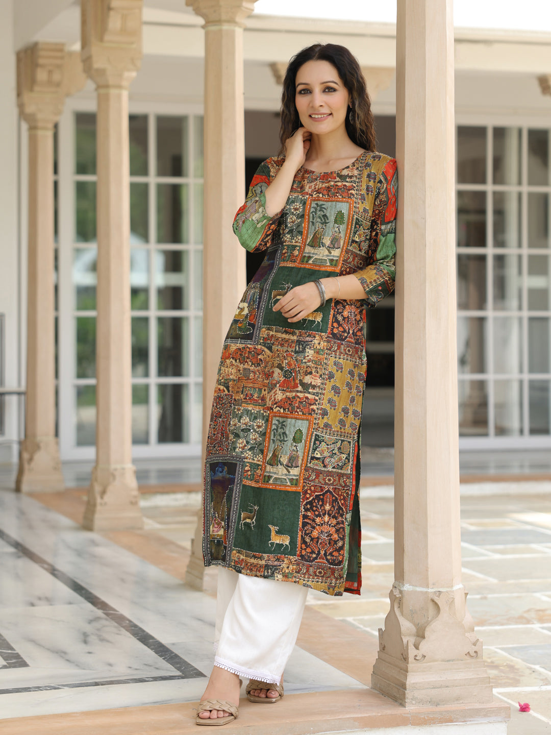 Ethnic Pichwai Printed & Kantha Sequin Embroidered Straight Kurta - Multi