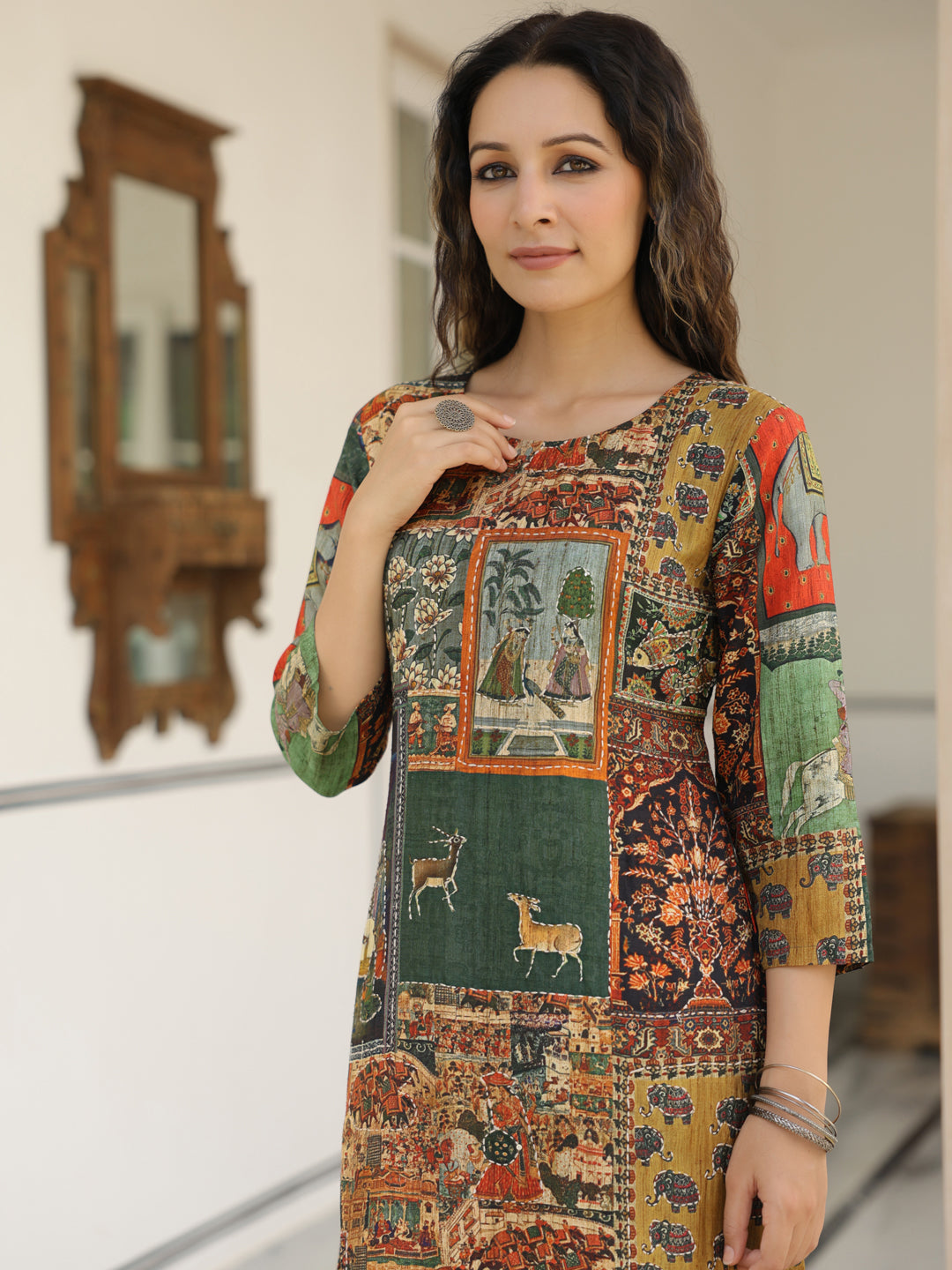 Ethnic Pichwai Printed & Kantha Sequin Embroidered Straight Kurta - Multi