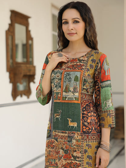 Ethnic Pichwai Printed & Kantha Sequin Embroidered Straight Kurta - Multi
