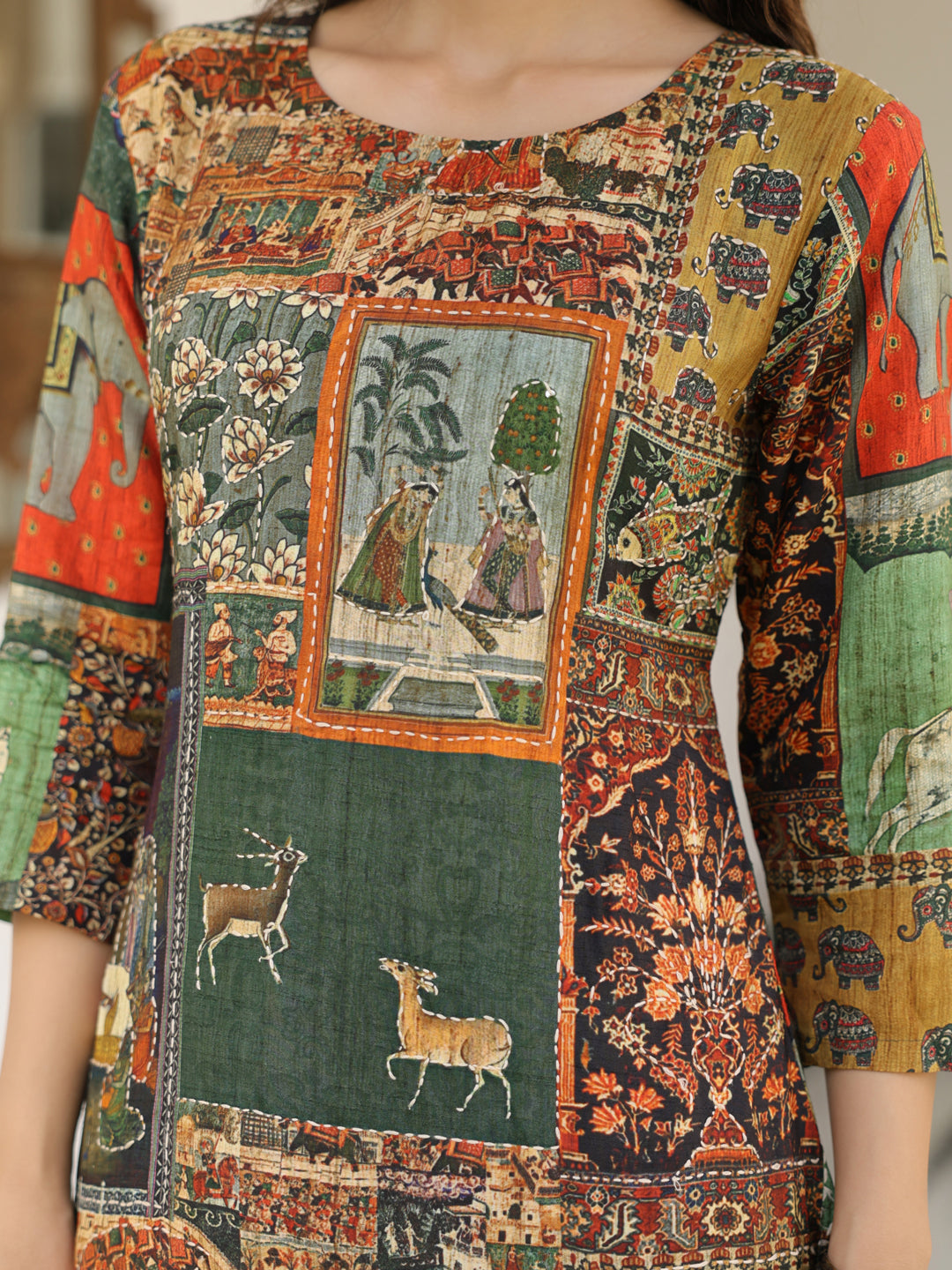 Ethnic Pichwai Printed & Kantha Sequin Embroidered Straight Kurta - Multi