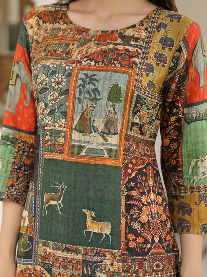 Ethnic Pichwai Printed & Kantha Sequin Embroidered Straight Kurta - Multi