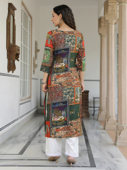 Ethnic Pichwai Printed & Kantha Sequin Embroidered Straight Kurta - Multi