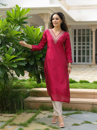 Jacquard Zari Design Zari & Sequins Embroidered Kurta - Magenta