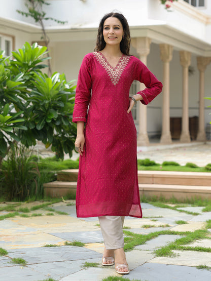 Jacquard Zari Design Zari & Sequins Embroidered Kurta - Magenta
