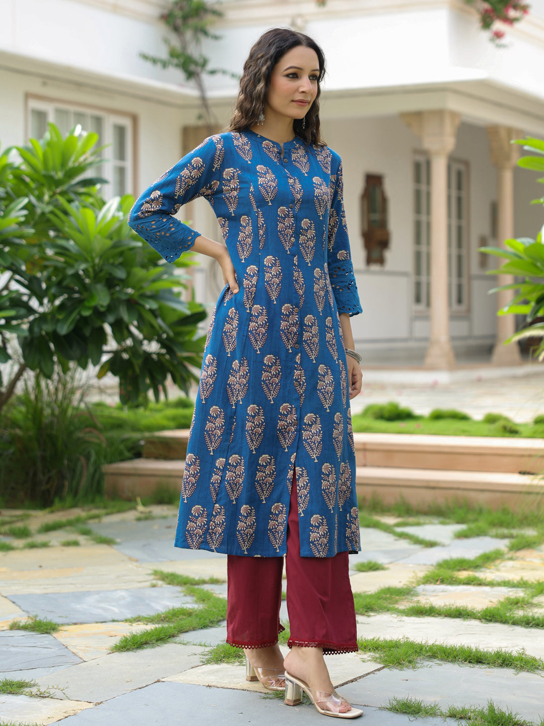 Blue with outlet white lining four layer women kurti