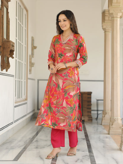 Floral Printed Mirror, Resham, Zari & Sequins Embroidered Kurta - Pink