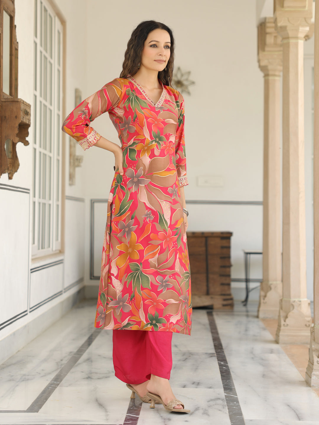 Floral Printed Mirror, Resham, Zari & Sequins Embroidered Kurta - Pink