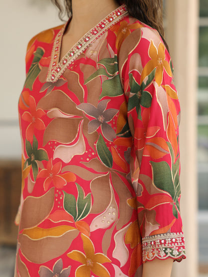 Floral Printed Mirror, Resham, Zari & Sequins Embroidered Kurta - Pink