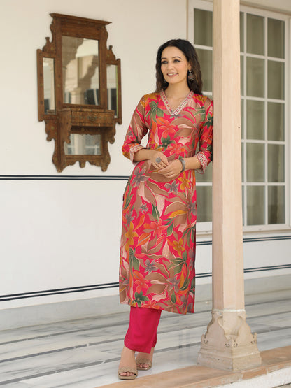 Floral Printed Mirror, Resham, Zari & Sequins Embroidered Kurta - Pink