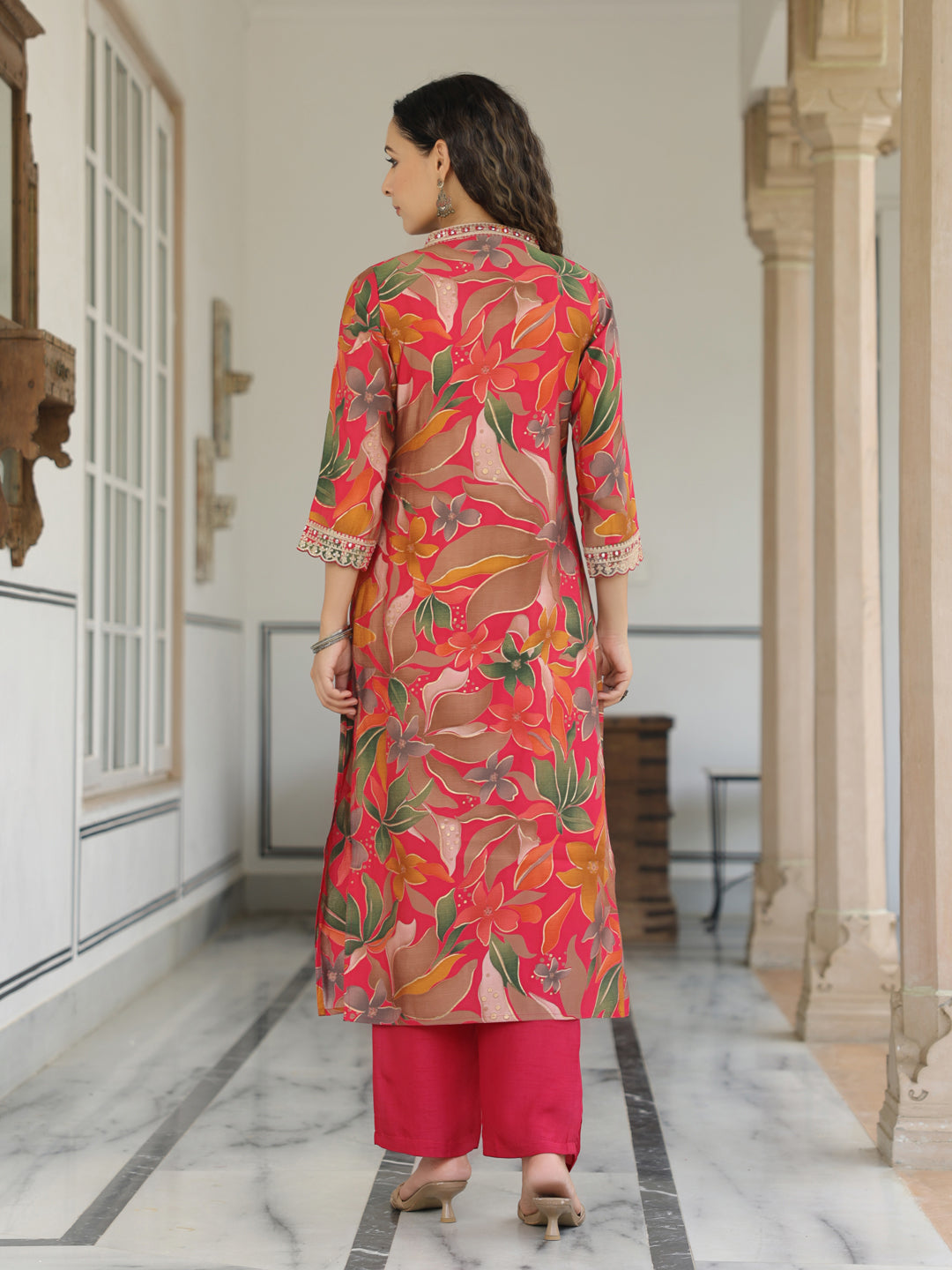 Floral Printed Mirror, Resham, Zari & Sequins Embroidered Kurta - Pink