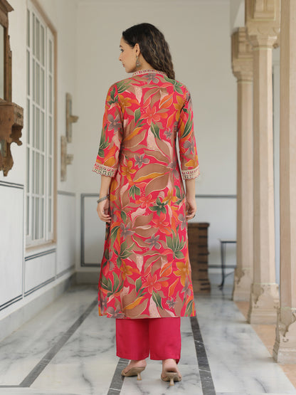 Floral Printed Mirror, Resham, Zari & Sequins Embroidered Kurta - Pink