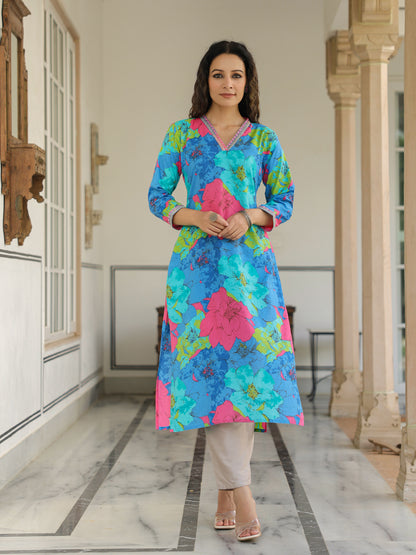 Floral Printed Mirror, Resham, Zari & Sequins Embroidered Kurta - Blue & Multi