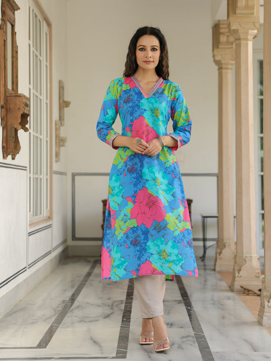 Floral Printed Mirror, Resham, Zari & Sequins Embroidered Kurta - Blue & Multi