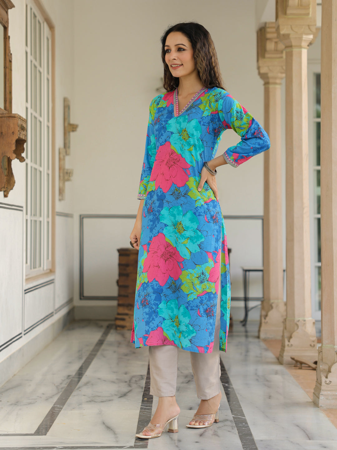 Floral Printed Mirror, Resham, Zari & Sequins Embroidered Kurta - Blue & Multi