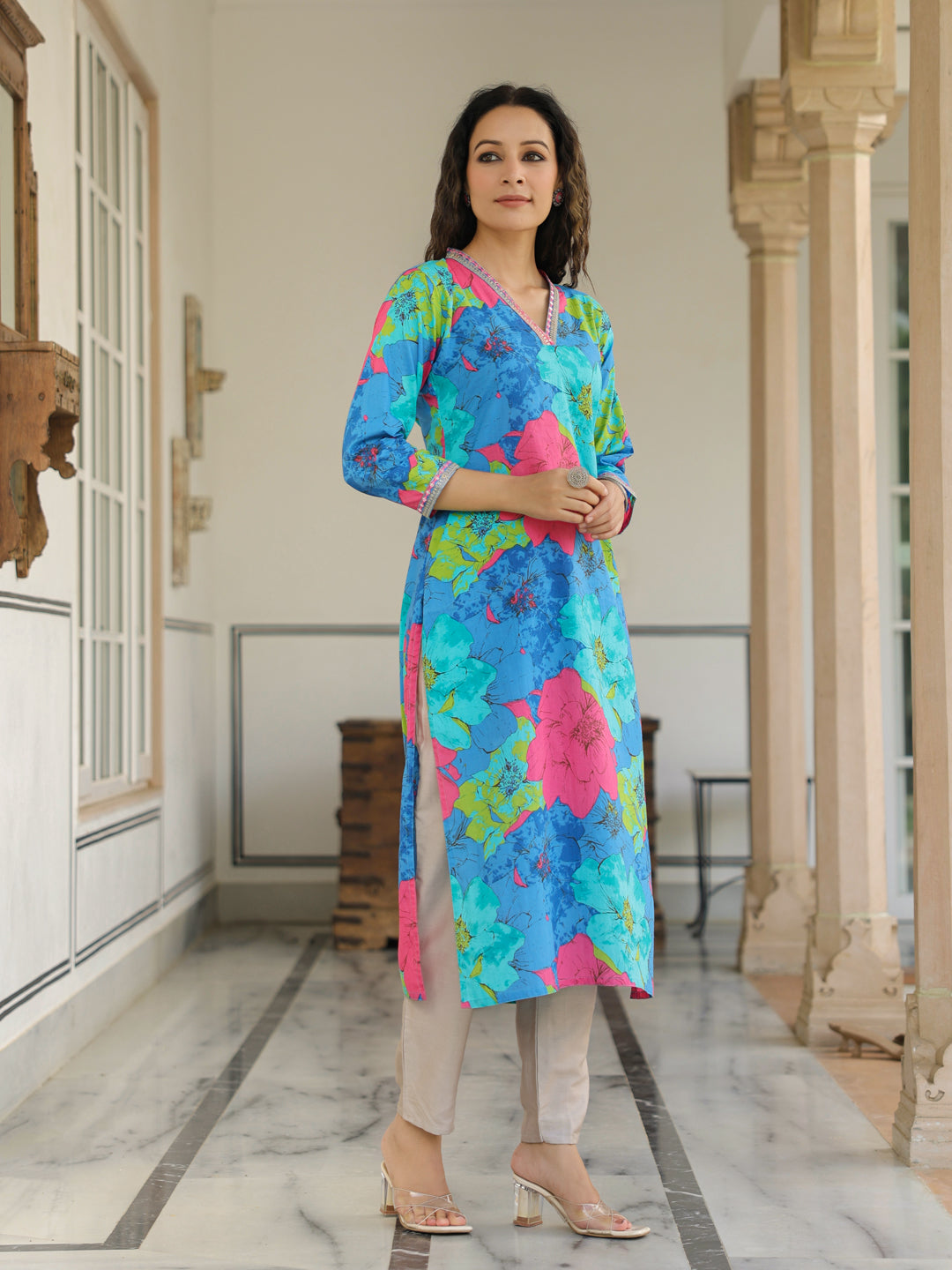 Floral Printed Mirror, Resham, Zari & Sequins Embroidered Kurta - Blue & Multi