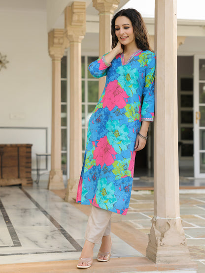 Floral Printed Mirror, Resham, Zari & Sequins Embroidered Kurta - Blue & Multi