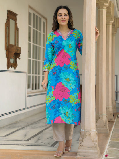 Floral Printed Mirror, Resham, Zari & Sequins Embroidered Kurta - Blue & Multi