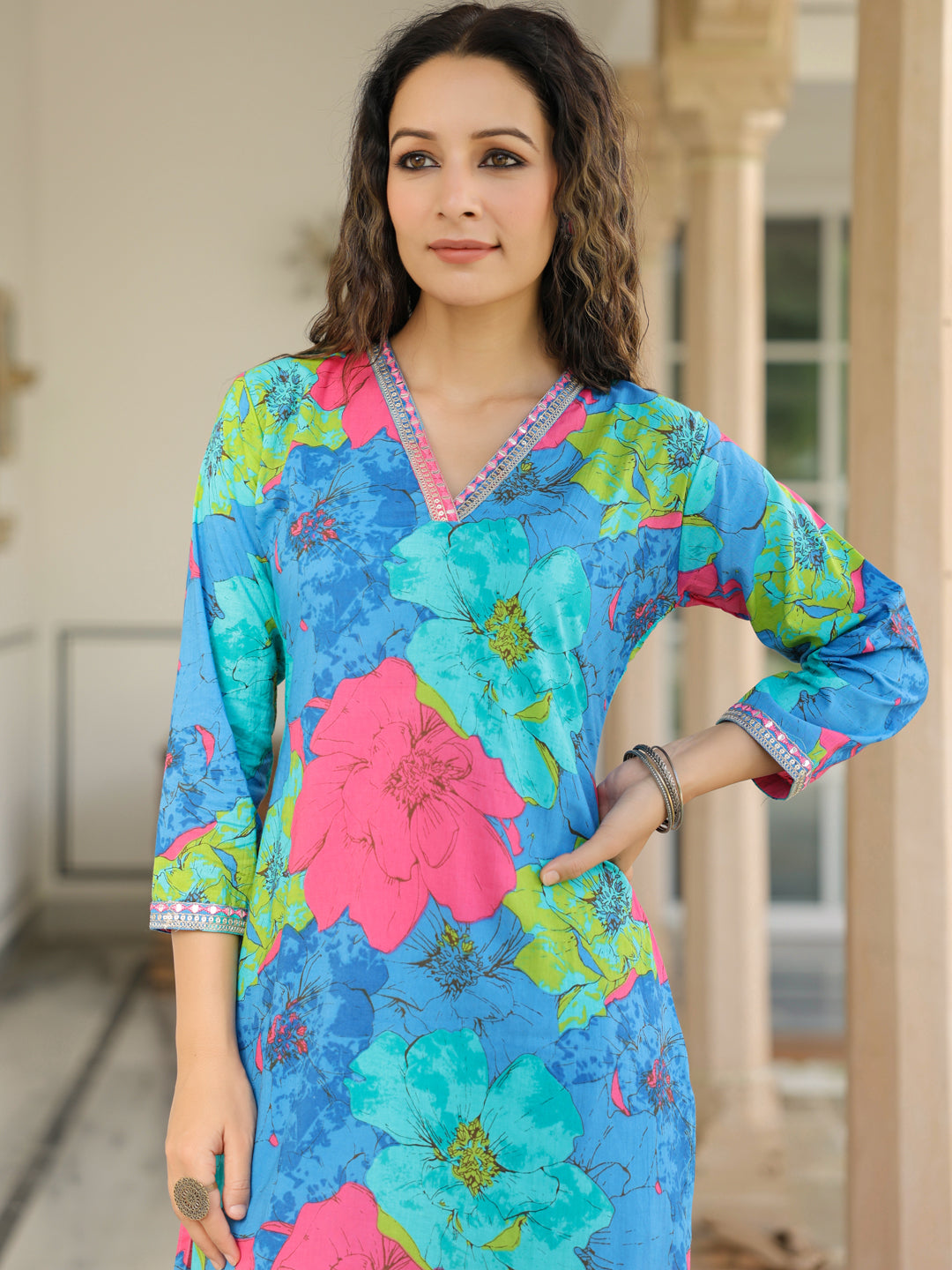 Floral Printed Mirror, Resham, Zari & Sequins Embroidered Kurta - Blue & Multi