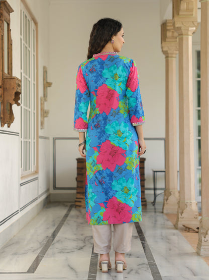 Floral Printed Mirror, Resham, Zari & Sequins Embroidered Kurta - Blue & Multi