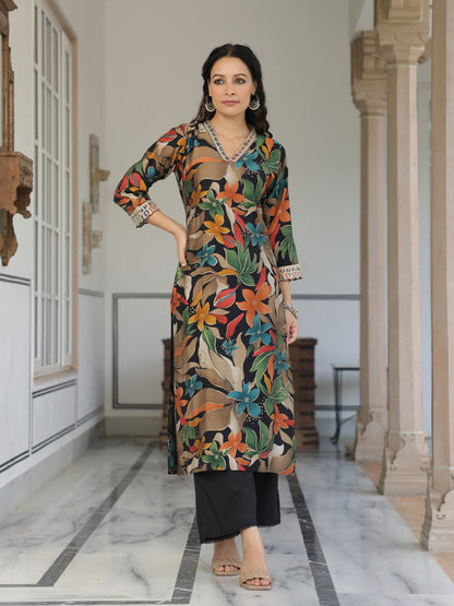 Floral Printed Mirror, Resham, Zari & Sequins Embroidered Kurta - Black