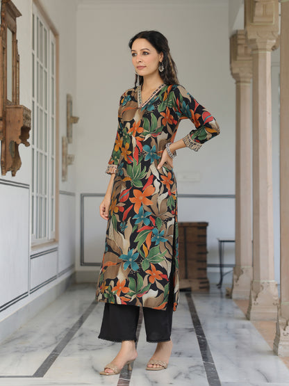 Floral Printed Mirror, Resham, Zari & Sequins Embroidered Kurta - Black