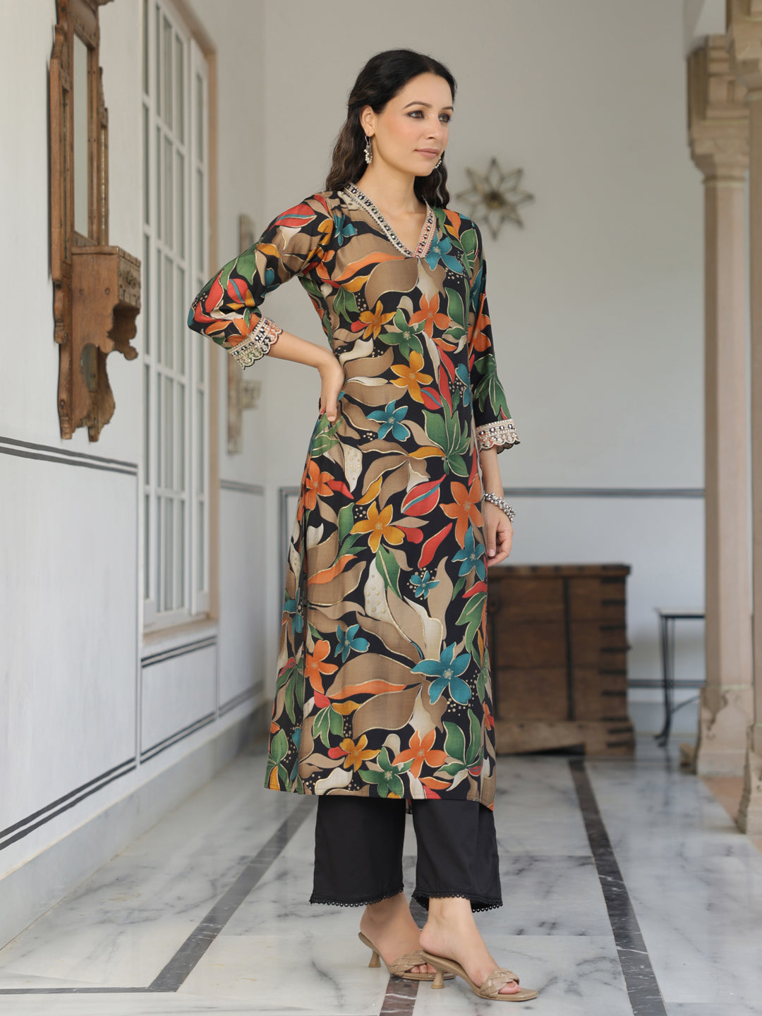 Floral Printed Mirror, Resham, Zari & Sequins Embroidered Kurta - Black