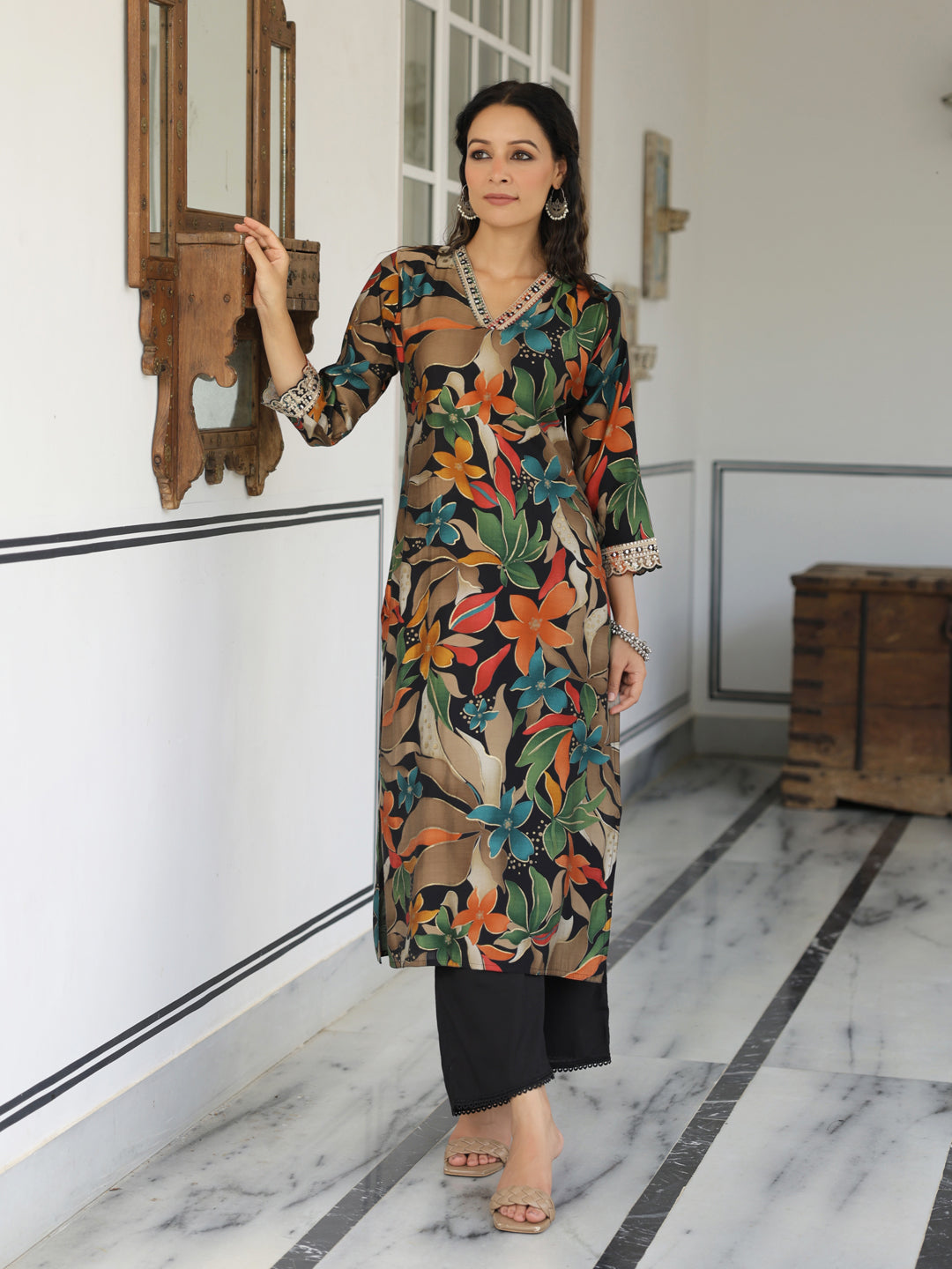 Floral Printed Mirror, Resham, Zari & Sequins Embroidered Kurta - Black