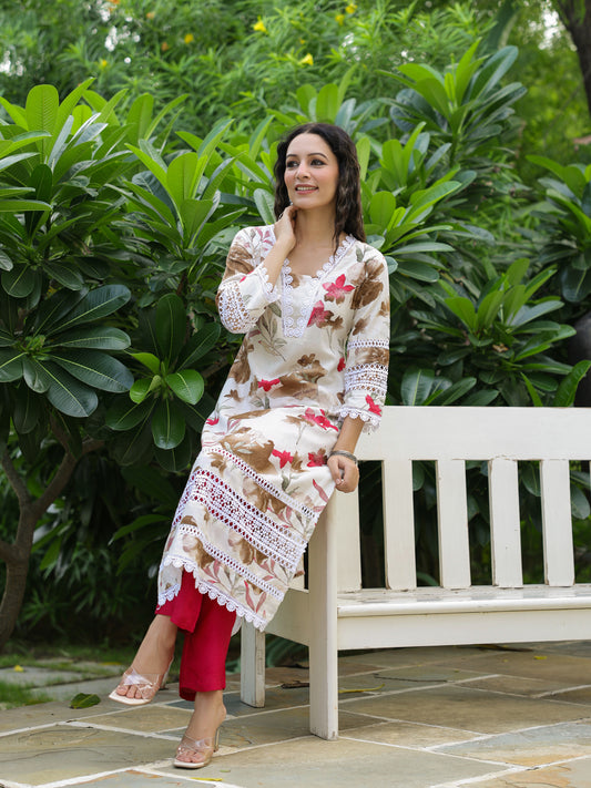 Abstract Floral Printed Straight Fit Kurta - Off White