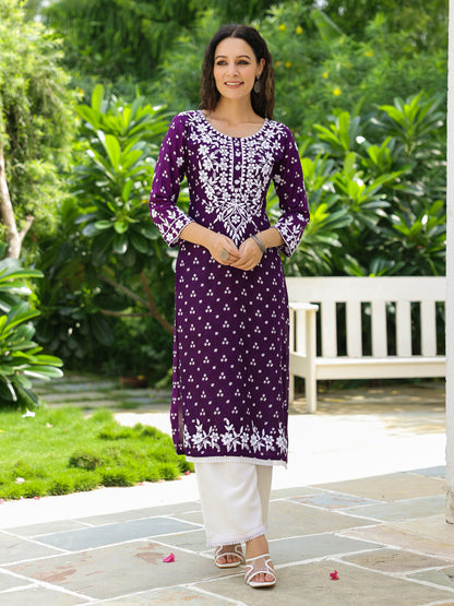 Bandhani Printed & Chikankari Embroidered Straight Fit Kurta - Deep Purple