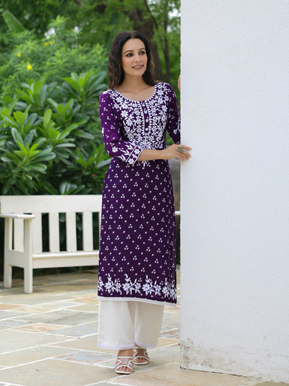 Bandhani Printed & Chikankari Embroidered Straight Fit Kurta - Deep Purple