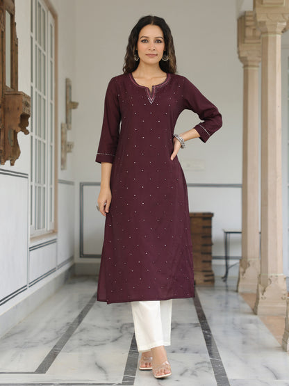 Solid Mirror Work Embroidered Straight Fit Kurta - Burgundy