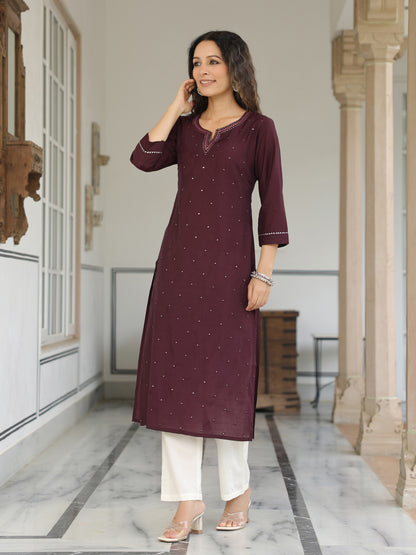 Solid Mirror Work Embroidered Straight Fit Kurta - Burgundy