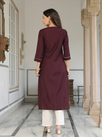 Solid Mirror Work Embroidered Straight Fit Kurta - Burgundy