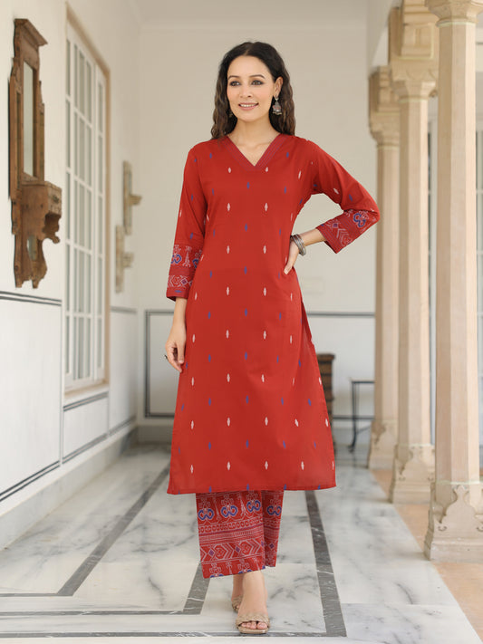 Abstract Printed Resham Top Stitched Kurta with Pants - Maroon