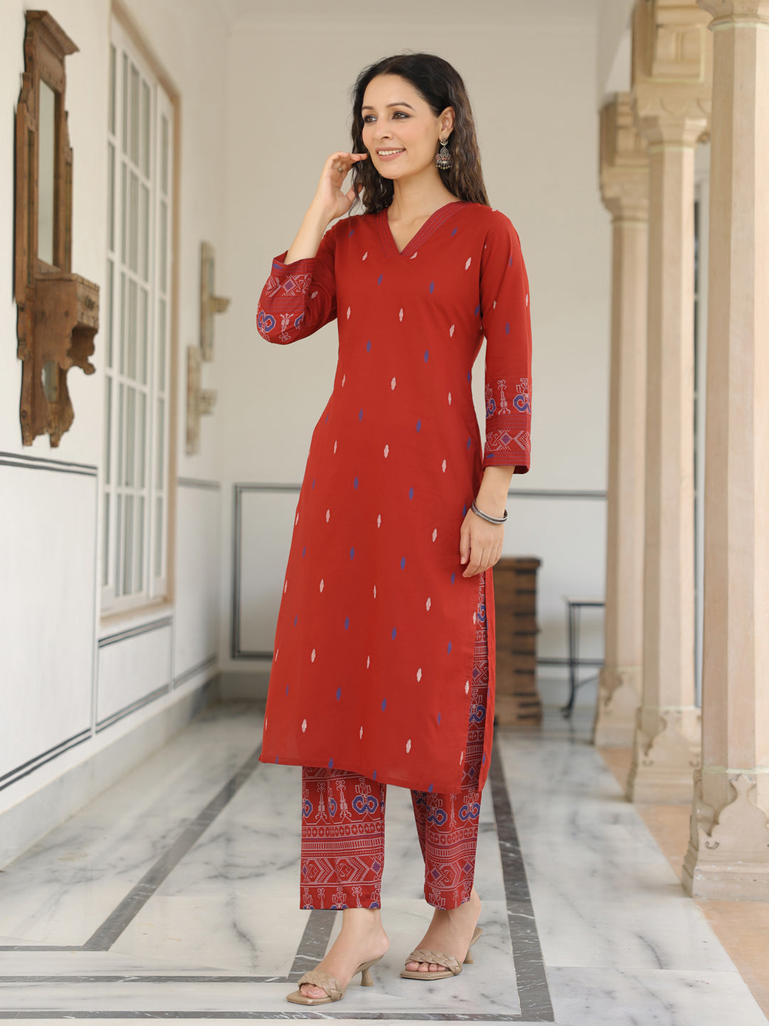 Abstract Printed Resham Top Stitched Kurta with Pants - Maroon