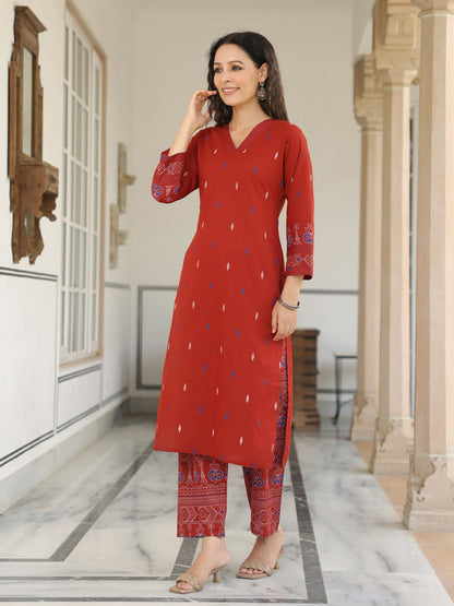 Abstract Printed Resham Top Stitched Kurta with Pants - Maroon