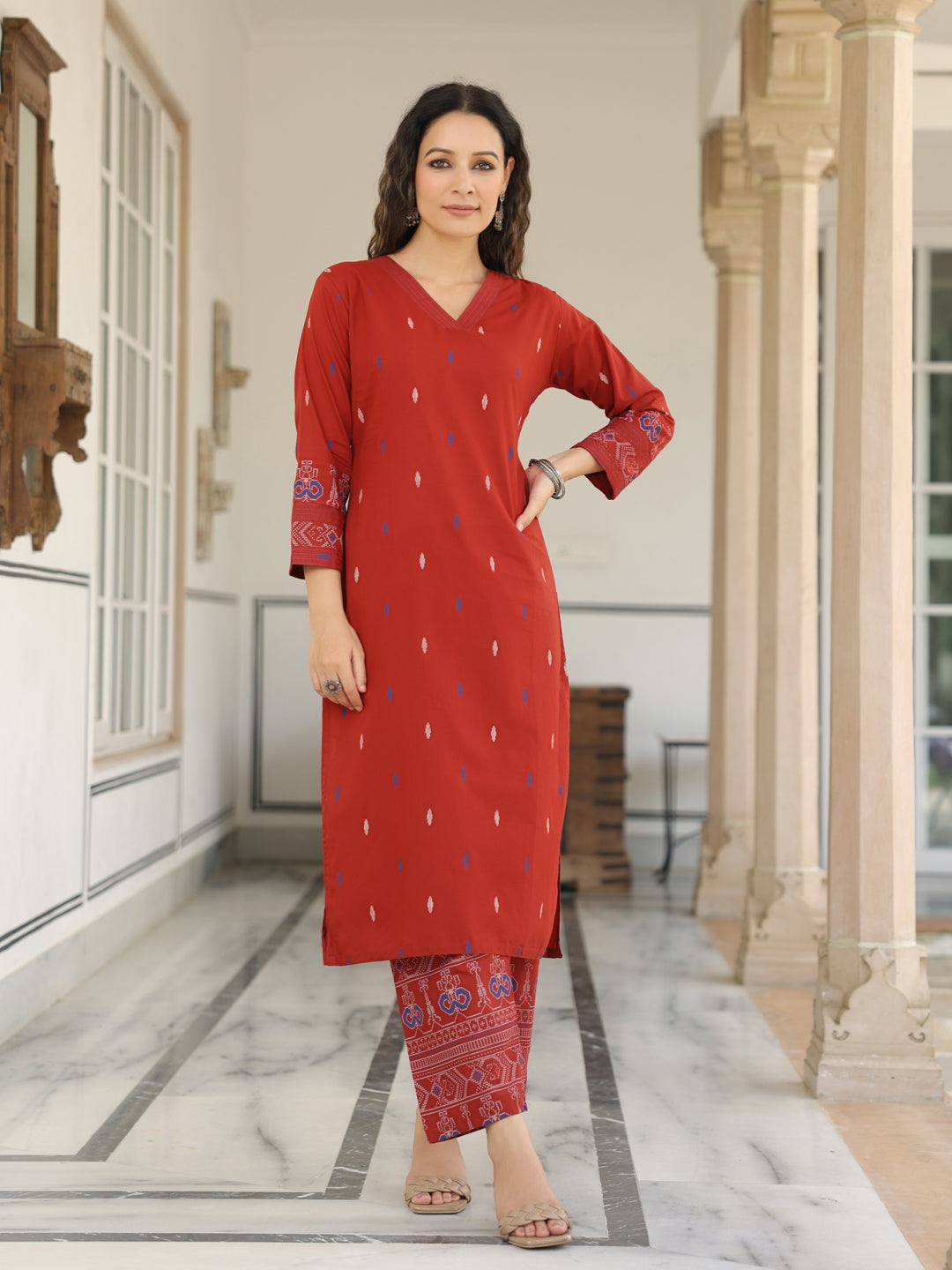 Abstract Printed Resham Top Stitched Kurta with Pants - Maroon