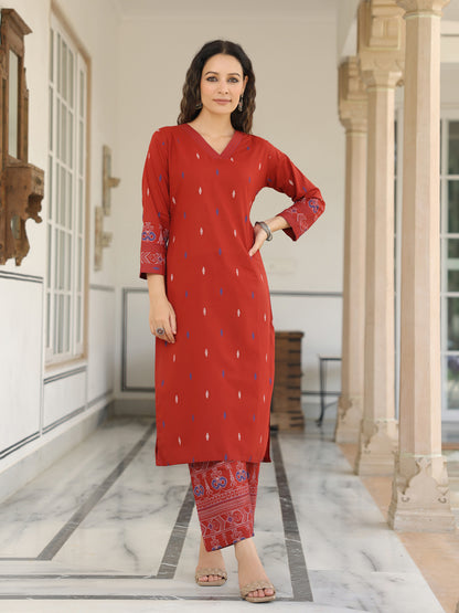 Abstract Printed Resham Top Stitched Kurta with Pants - Maroon