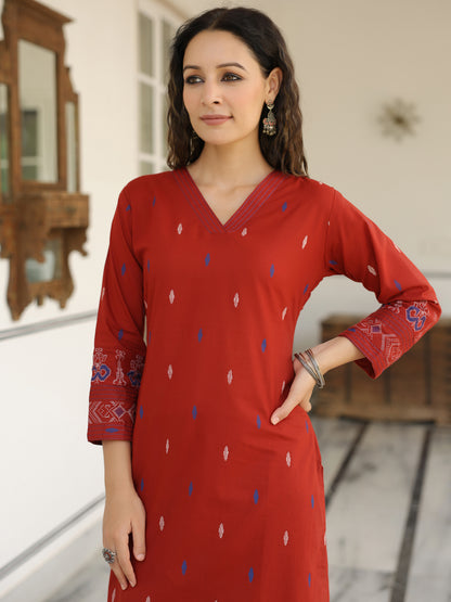 Abstract Printed Resham Top Stitched Kurta with Pants - Maroon