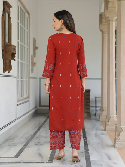 Abstract Printed Resham Top Stitched Kurta with Pants - Maroon