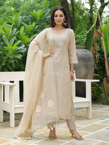 Solid Floral Hand Embroidered Straight Kurta with Pant & Dupatta - Beige