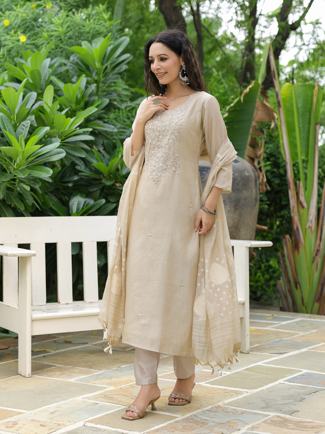 Solid Floral Hand Embroidered Straight Kurta with Pant & Dupatta - Beige