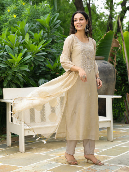 Solid Floral Hand Embroidered Straight Kurta with Pant & Dupatta - Beige