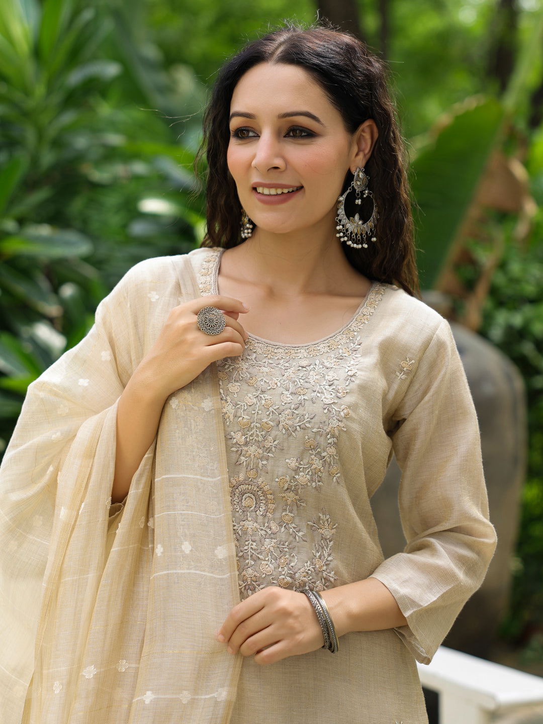 Solid Floral Hand Embroidered Straight Kurta with Pant & Dupatta - Beige