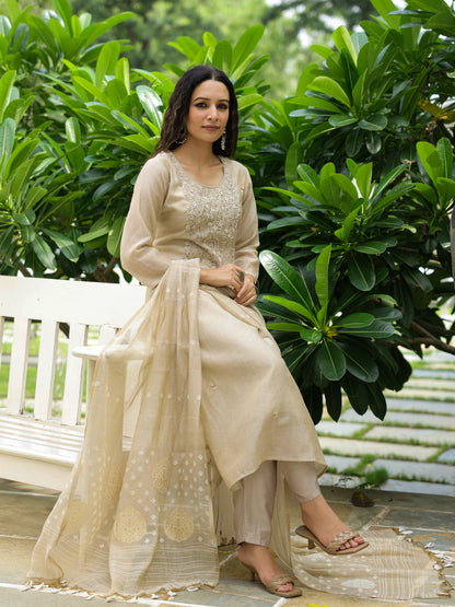 Solid Floral Hand Embroidered Straight Kurta with Pant & Dupatta - Beige