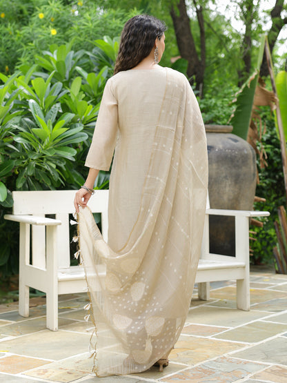 Solid Floral Hand Embroidered Straight Kurta with Pant & Dupatta - Beige